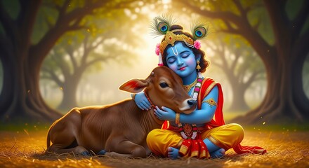 Krishna with a calf in a sunlit forest